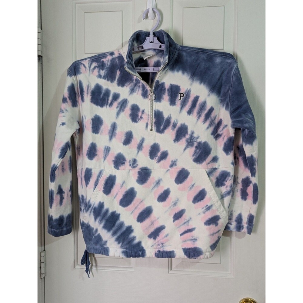 PINK Victorias Secret 1/4 Zip Pullover Sweatshirt Small Pink Blue Tie-Dye Logo